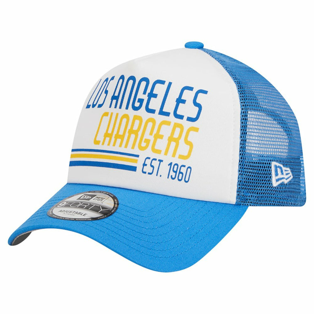 Los Angeles Chargers New Era Stacked A-Frame Trucker 9FORTY Adjustable Hat - White/Powder Blue on sale