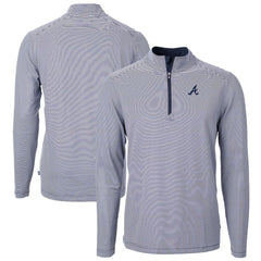 Atlanta Braves Cutter & Buck Virtue Eco Pique Micro Stripe Recycled Quarter-Zip Pullover Top - Navy/White