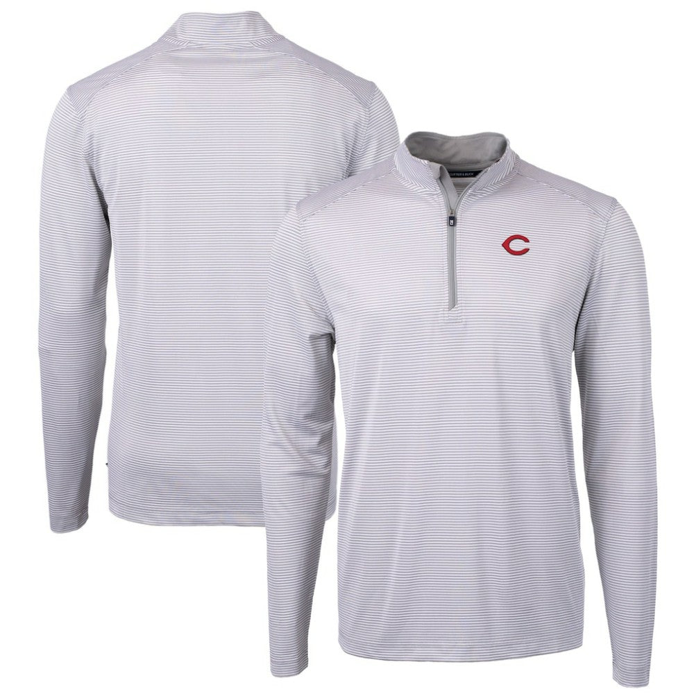 Cincinnati Reds Cutter & Buck Virtue Eco Pique Micro Stripe Recycled Quarter-Zip Pullover Top - Gray/White