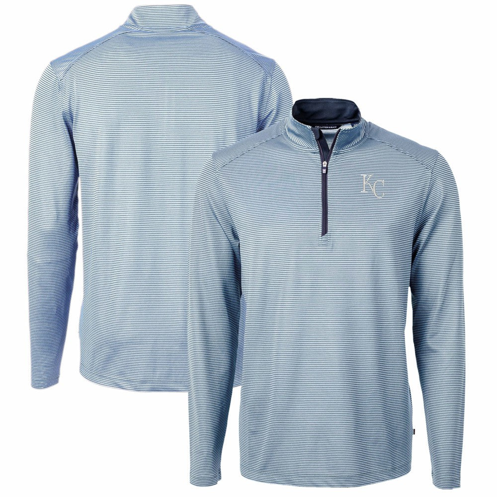 Kansas City Royals Cutter & Buck Virtue Eco Pique Micro Stripe Recycled Quarter-Zip Pullover Top - Light Blue/Navy