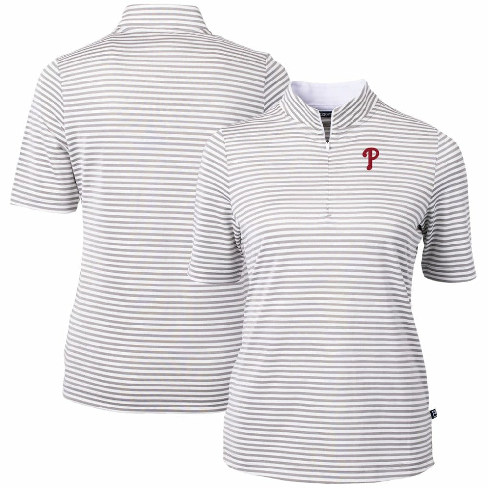 Philadelphia Phillies Cutter & Buck Women's Virtue Eco Pique Stripe Top - Gray