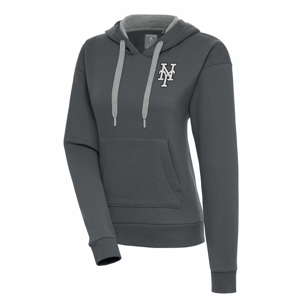 New York Mets Antigua Women's Brushed Metallic Victory Pullover Hoodie - Charcoal