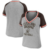 Cleveland Browns WEAR by Erin Andrews Women's Cropped Raglan Throwback V-Neck T-Shirt - Heather Gray for sale