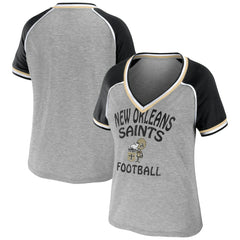 New Orleans Saints WEAR by Erin Andrews Women's Cropped Raglan Throwback V-Neck T-Shirt - Heather Gray cheap