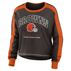 Cleveland Browns WEAR by Erin Andrews Women's Color Block Modest Crop Long Sleeve T-Shirt - Brown/Orange on sale