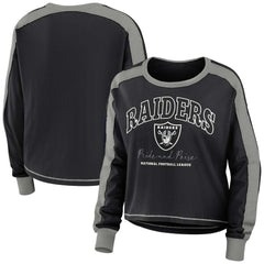 Las Vegas Raiders WEAR by Erin Andrews Women's Color Block Modest Crop Long Sleeve T-Shirt - Black/Silver outlet