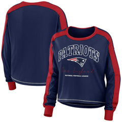 New England Patriots WEAR by Erin Andrews Women's Color Block Modest Crop Long Sleeve T-Shirt - Navy/Red for sale
