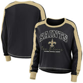 New Orleans Saints WEAR by Erin Andrews Women's Color Block Modest Crop Long Sleeve T-Shirt - Black/Gold cheap