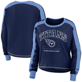 Tennessee Titans WEAR by Erin Andrews Women's Color Block Modest Crop Long Sleeve T-Shirt - Navy/Light Blue online