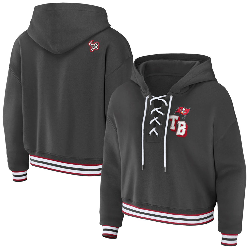 Tampa Bay Buccaneers WEAR by Erin Andrews Women's Lace-Up Pullover Hoodie - Pewter for sale