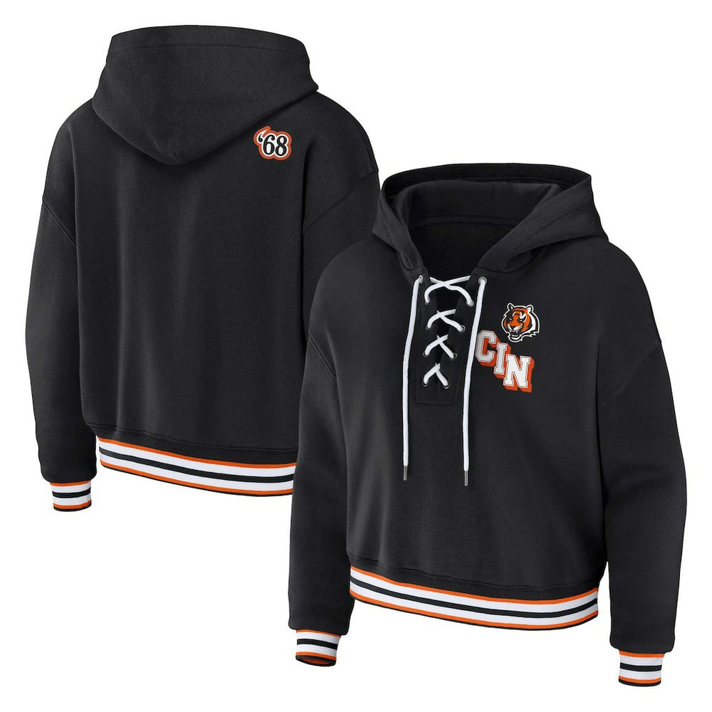 Cincinnati Bengals WEAR by Erin Andrews Women's Plus Size Lace-Up Pullover Hoodie - Black outlet