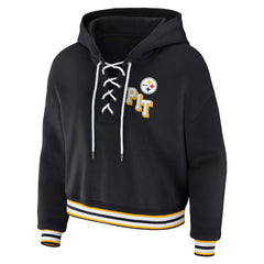 Pittsburgh Steelers WEAR by Erin Andrews Women's Plus Size Lace-Up Pullover Hoodie - Black sale