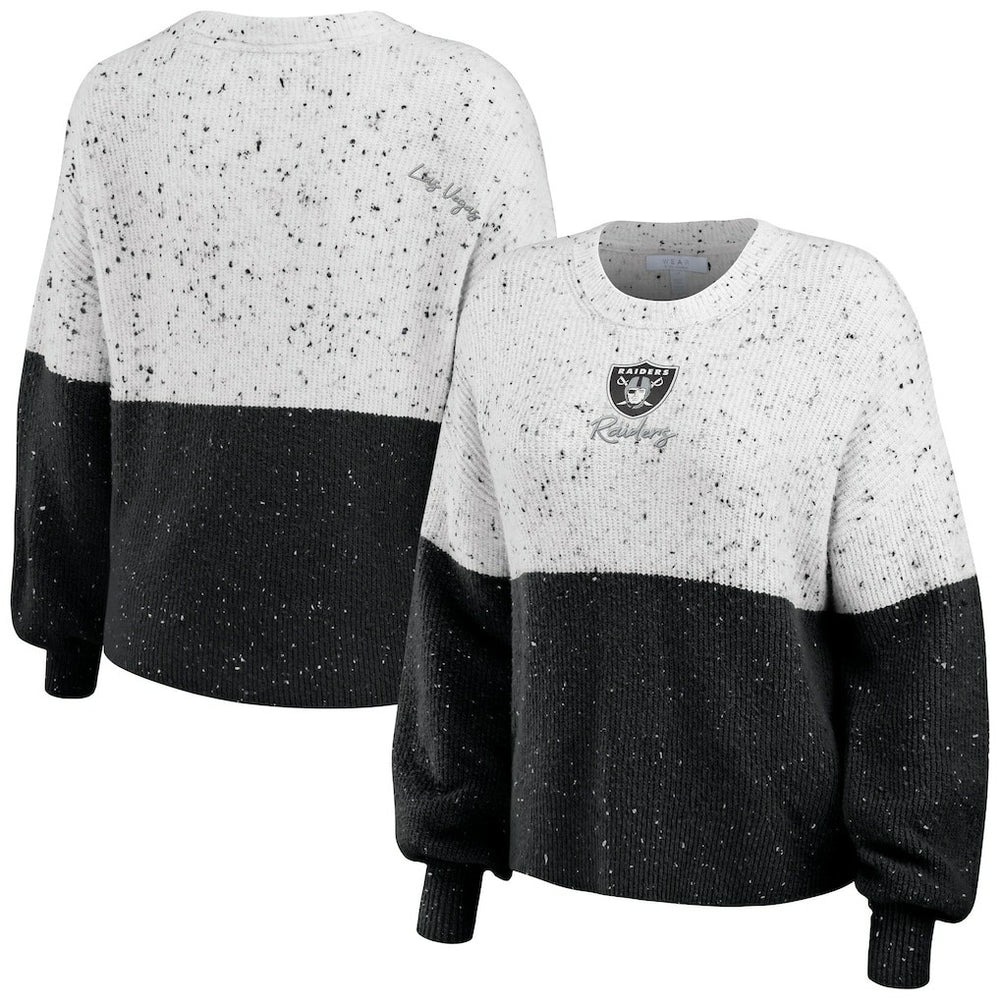 Las Vegas Raiders WEAR by Erin Andrews Women's Lighweight Modest Crop Color-Block Pullover Sweater - White/Black for sale