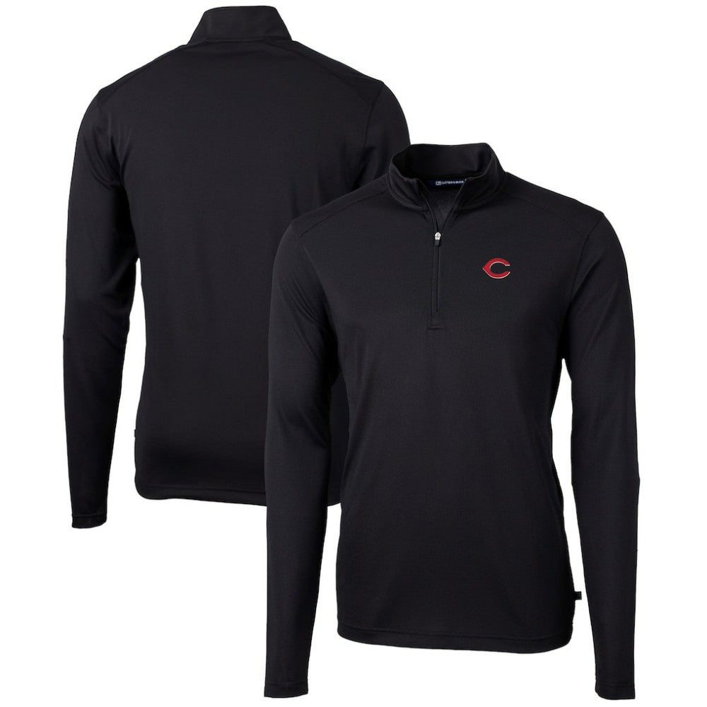 Cincinnati Reds Cutter & Buck Virtue Eco Pique Recycled Quarter-Zip Pullover Top - Black