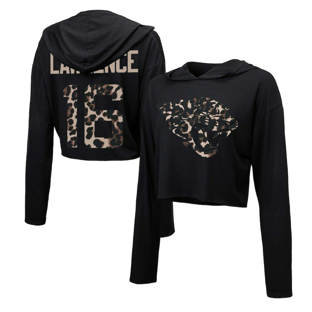Trevor Lawrence Jacksonville Jaguars Majestic Threads Women's Leopard Player Name & Number Long Sleeve Cropped Hoodie - Black online