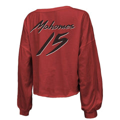 Patrick Mahomes Kansas City Chiefs Majestic Threads Women's Name & Number Off-Shoulder Script Cropped Long Sleeve Relaxed V-Neck T-Shirt - Red for sale