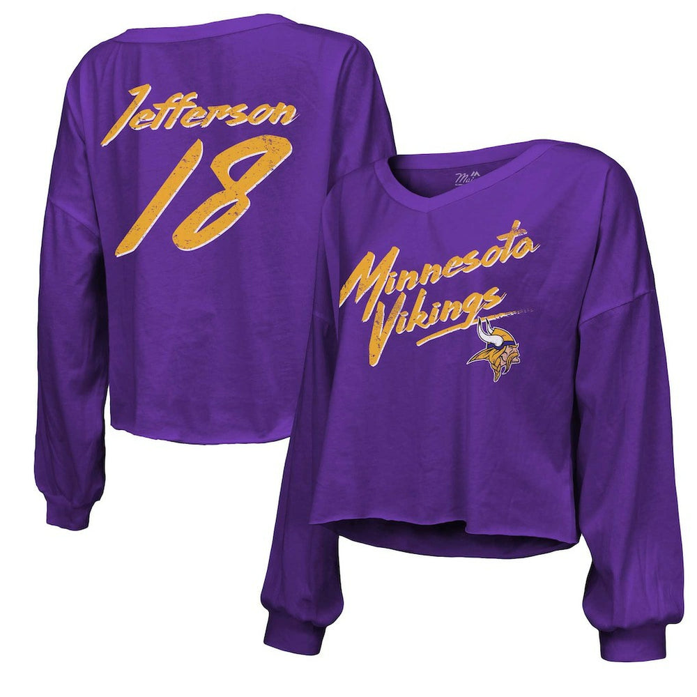 Justin Jefferson Minnesota Vikings Majestic Threads Women's Name & Number Off-Shoulder Script Cropped Long Sleeve V-Neck T-Shirt - Purple on sale