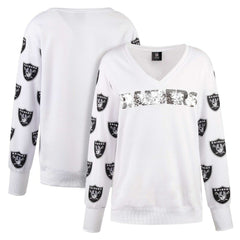 Las Vegas Raiders Cuce Women's Sequin Fleece V-Neck T-Shirt - White for sale