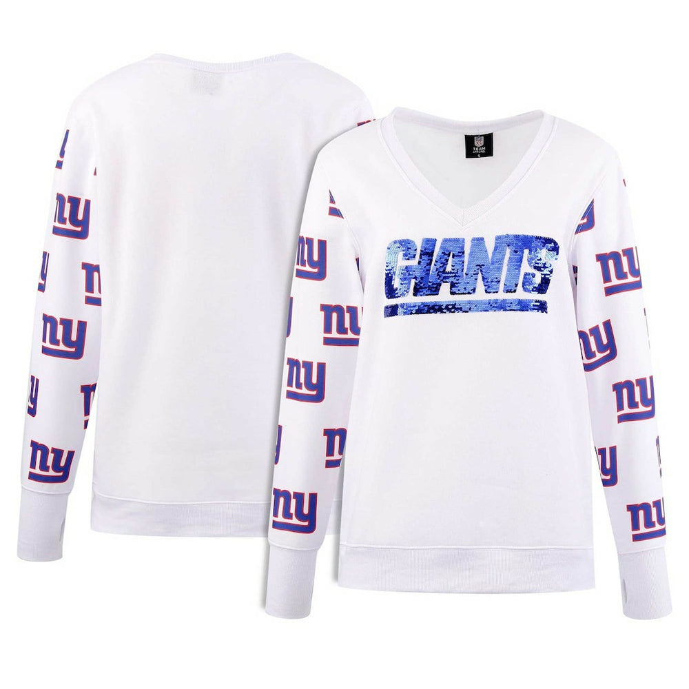 New York Giants Cuce Women's Sequin Fleece V-Neck T-Shirt - White cheap