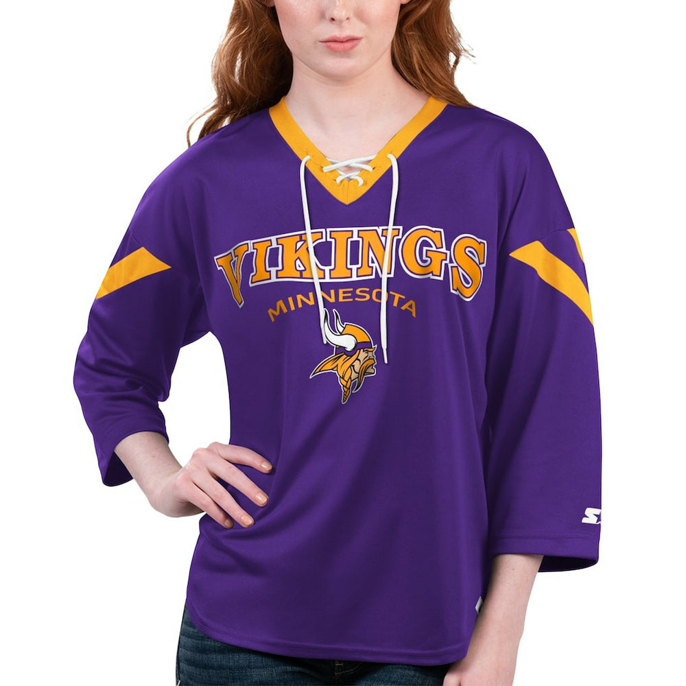 Minnesota Vikings Starter Women's Rally Lace-Up 3/4 Sleeve T-Shirt - Purple for sale