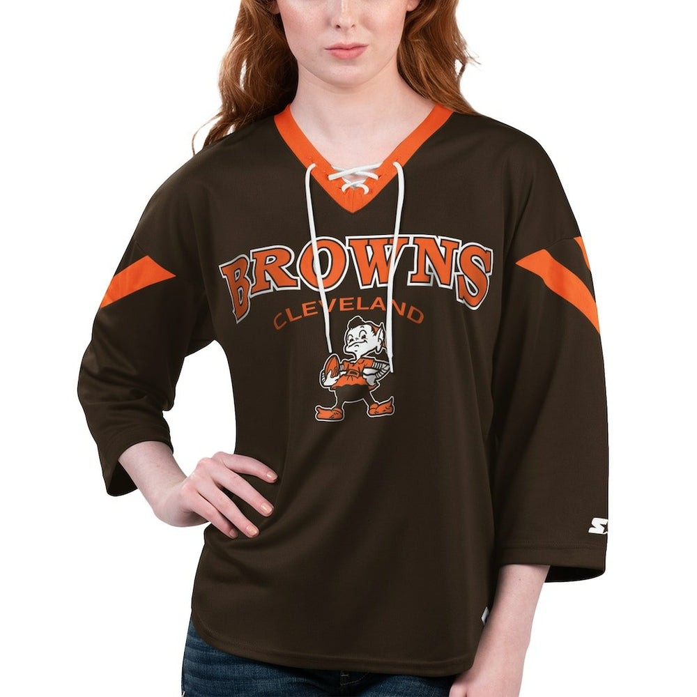 Cleveland Browns Starter Women's Rally Lace-Up 3/4 Sleeve T-Shirt - Brown cheap