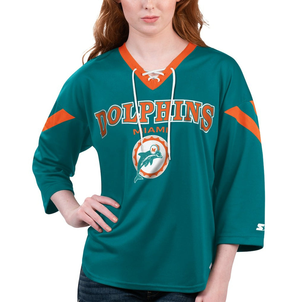 Miami Dolphins Starter Women's Rally Lace-Up 3/4 Sleeve T-Shirt - Aqua outlet