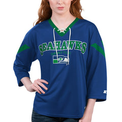 Seattle Seahawks Starter Women's Rally Lace-Up 3/4 Sleeve T-Shirt - Navy for sale