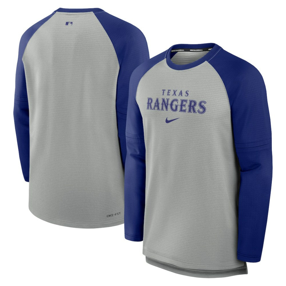 Texas Rangers Authentic Collection Game Time Raglan Performance Long Sleeve T-Shirt - Heather Gray/Royal | Nike
