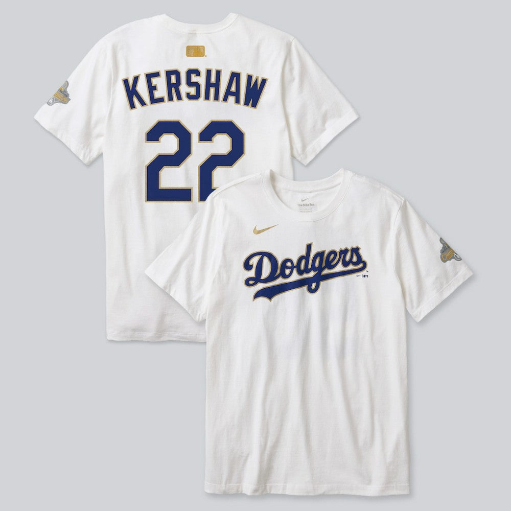 Clayton Kershaw Los Angeles Dodgers 2026 Gold Collection Player Name & Number T-Shirt - White | Nike