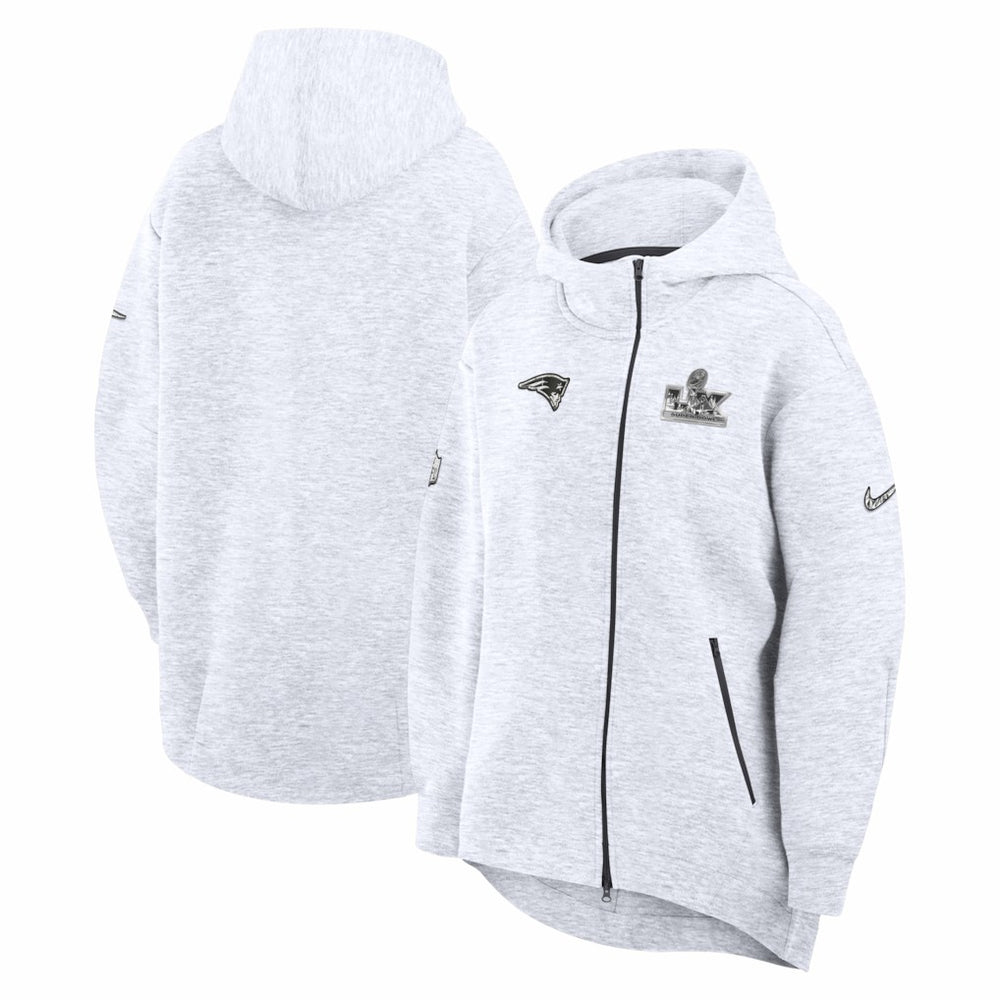New England Patriots Women's Super Bowl LX Opening Night Tech Fleece Full-Zip Hoodie - Heather Gray | Nike for sale