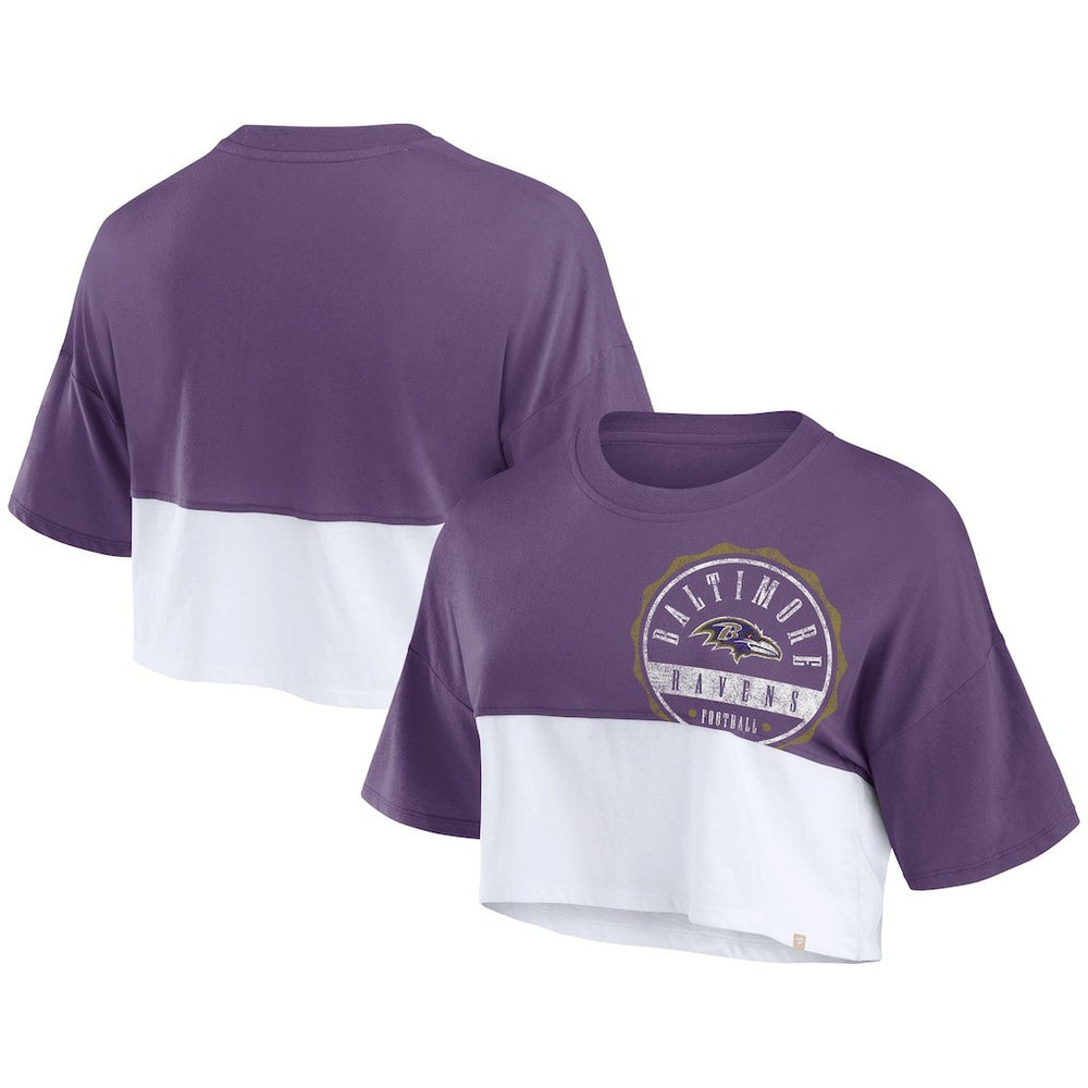 Baltimore Ravens Women's Boxy Color Split Cropped T-Shirt - Purple/White for sale