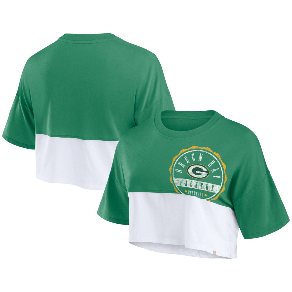 Green Bay Packers Women's Boxy Color Split Cropped T-Shirt - Green/White discount