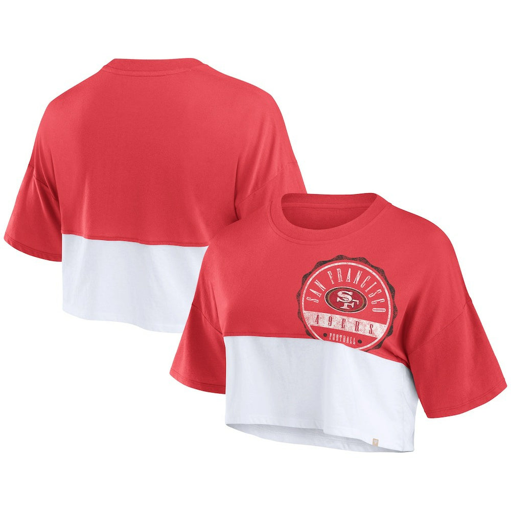 San Francisco 49ers Women's Boxy Color Split Cropped T-Shirt - Scarlet/White for sale