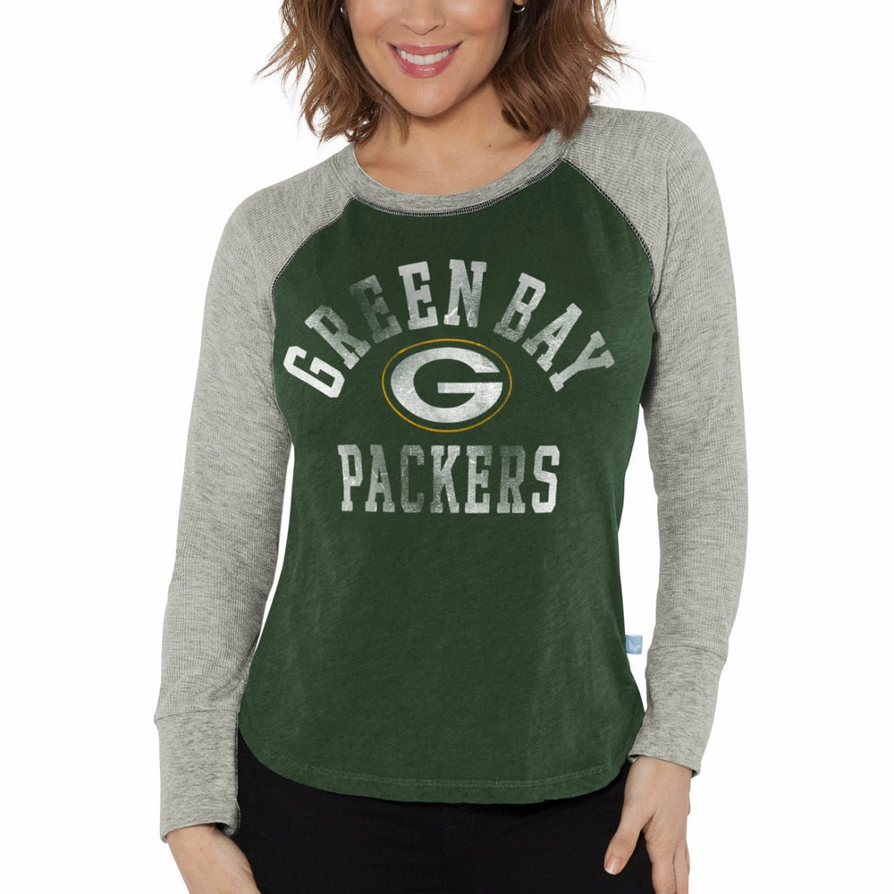 Green Bay Packers G-III 4Her by Carl Banks Women's Waffle Knit Raglan Long Sleeve T-Shirt - Green/Heather Gray outlet