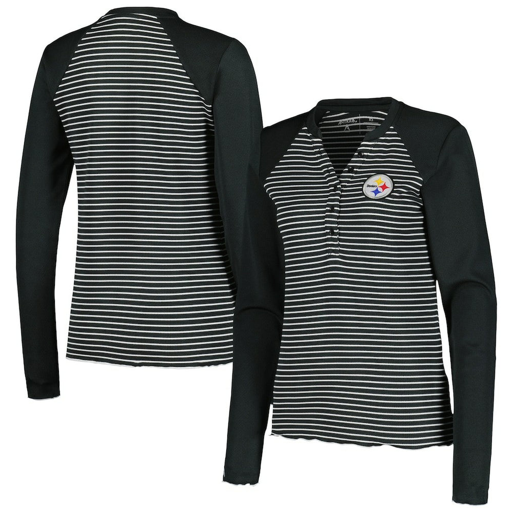 Pittsburgh Steelers Antigua Women's Maverick Waffle Henley Long Sleeve T-Shirt - Black on sale