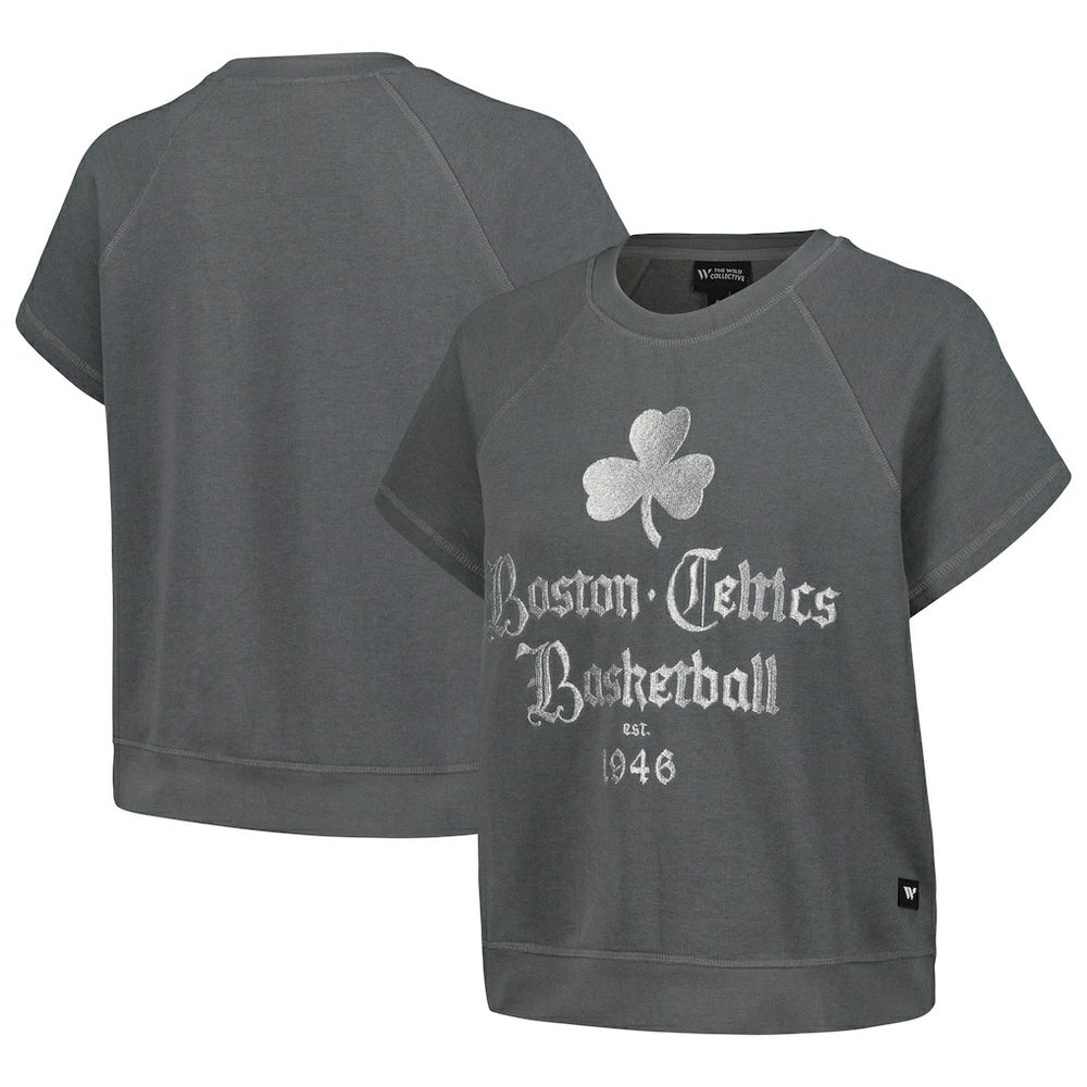 Boston Celtics The Wild Collective Women's Embroidered Fleece Raglan Short Sleeve Pullover Sweatshirt - Gray shop