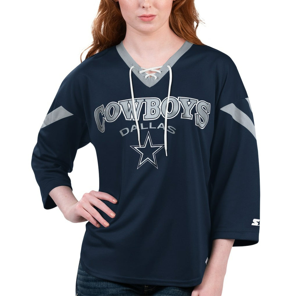 Dallas Cowboys Starter Women's Rally Lace-Up 3/4-Sleeve T-Shirt - Navy online