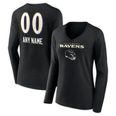 Baltimore Ravens Women's Personalized Name & Number Team Wordmark Long Sleeve V-Neck T-Shirt - Black for sale