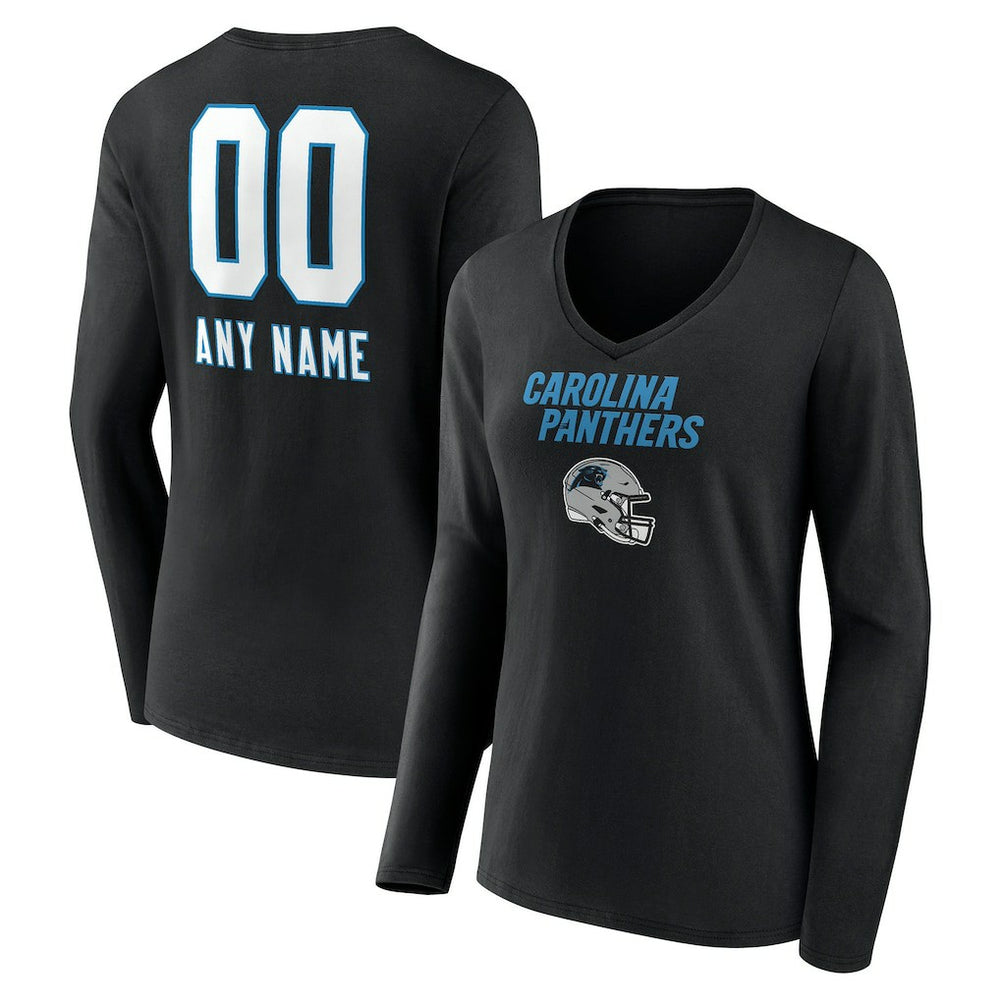 Carolina Panthers Women's Personalized Name & Number Team Wordmark Long Sleeve V-Neck T-Shirt - Black cheap
