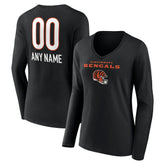 Cincinnati Bengals Women's Personalized Name & Number Team Wordmark Long Sleeve V-Neck T-Shirt - Black discount