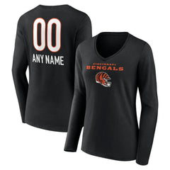 Cincinnati Bengals Women's Personalized Name & Number Team Wordmark Long Sleeve V-Neck T-Shirt - Black discount