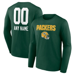 Green Bay Packers Personalized Name & Number Team Wordmark Long Sleeve T-Shirt - Green for sale
