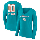 Miami Dolphins Women's Personalized Name & Number Team Wordmark Long Sleeve V-Neck T-Shirt - Aqua outlet