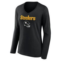 Pittsburgh Steelers Women's Personalized Name & Number Team Wordmark Long Sleeve V-Neck T-Shirt - Black discount