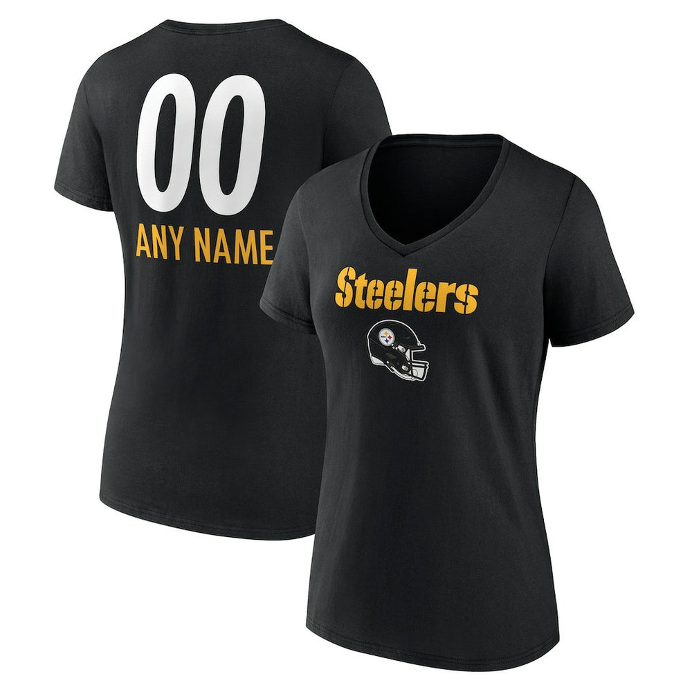 Pittsburgh Steelers Women's Personalized Name & Number Team Wordmark V-Neck T-Shirt - Black on sale
