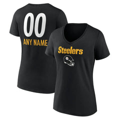 Pittsburgh Steelers Women's Personalized Name & Number Team Wordmark V-Neck T-Shirt - Black on sale