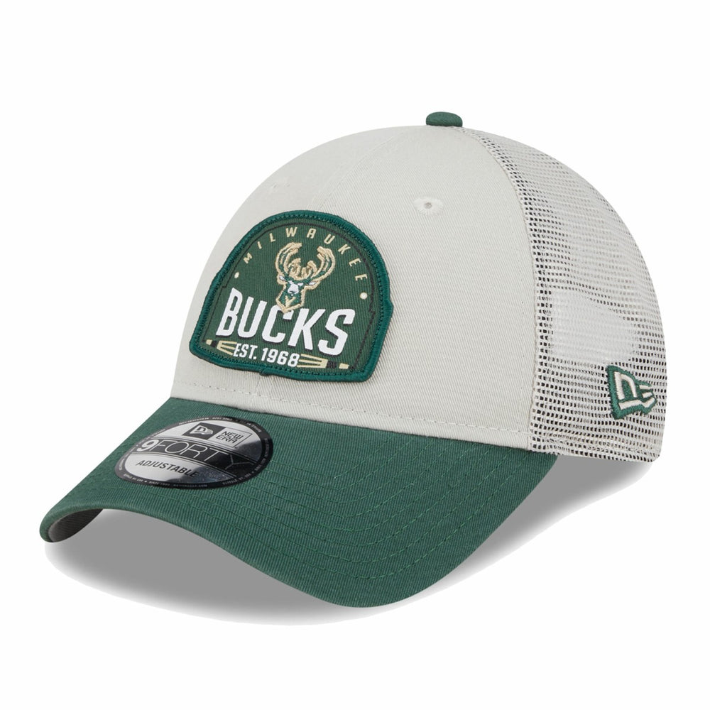 Milwaukee Bucks Throwback Patch Trucker 9FORTY Adjustable Hat - Khaki/Hunter Green | New Era discount