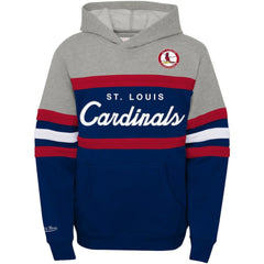 St. Louis Cardinals Youth Cooperstown Collection Head Coach Pullover Hoodie - Heather Gray/Navy | Mitchell & Ness