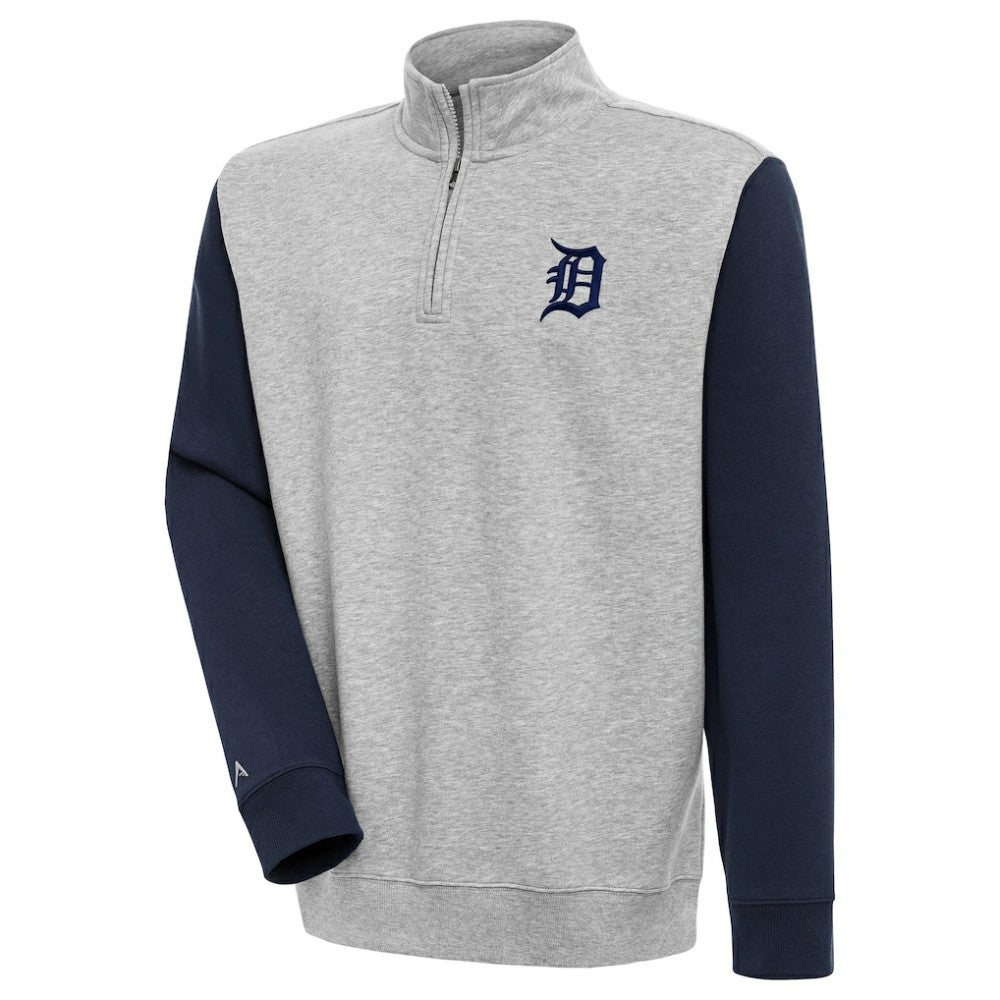 Detroit Tigers Antigua Victory Colorblock Quarter-Zip Pullover Top - Heather Gray/Navy