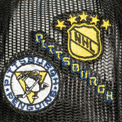 Pittsburgh Penguins Mitchell & Ness Times Up Classic Script Cord Trucker Adjustable Hat Black